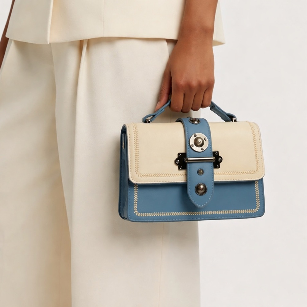 Two Tone Top Handle Satchel Bag with Decorative Metal Studs Cute